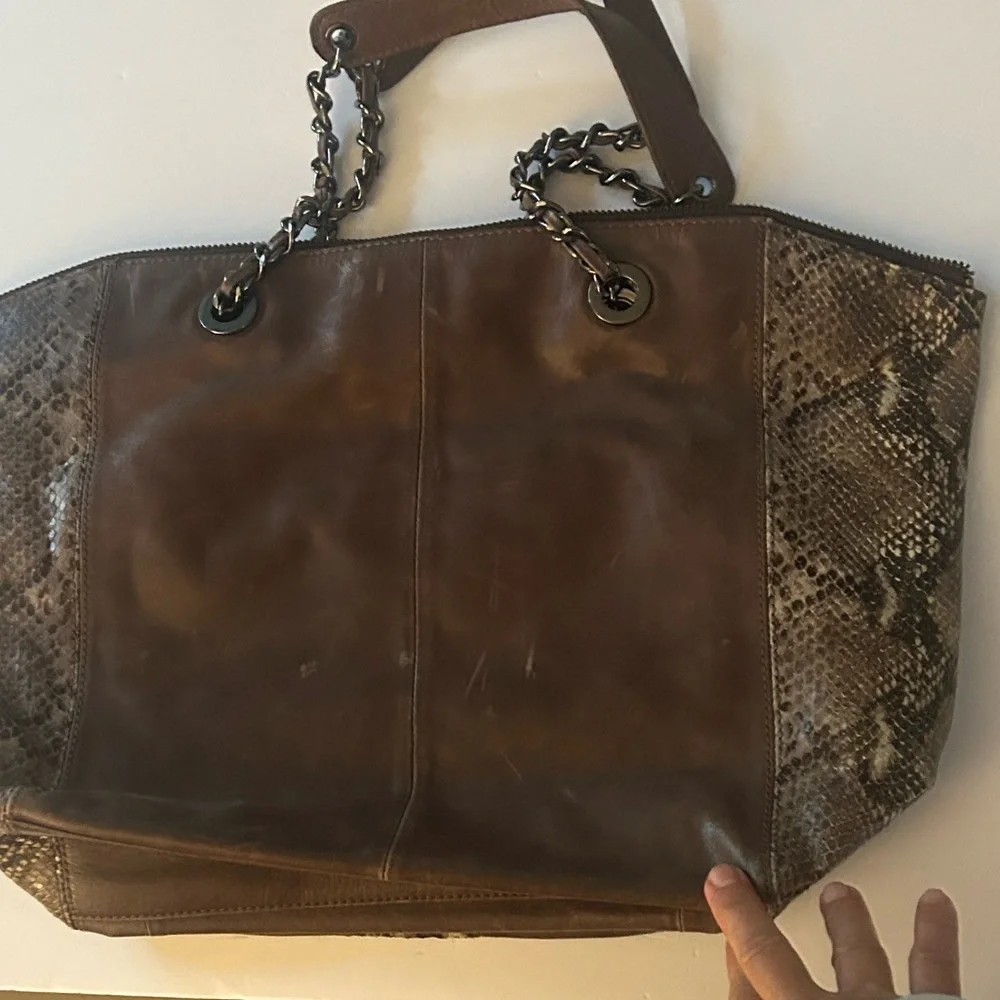 Badgley Mischka Brown Leather & Snakeskin Tote – Designer Shoulder Bag
